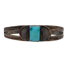 Fred Harvey Era Sterling Turquoise Stamped Cuff Bracelet
