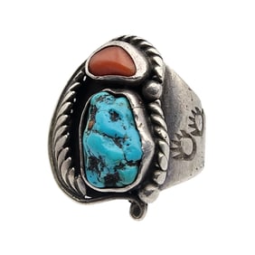 Vintage Navajo Sterling Turquoise Coral Ring Sz 9
