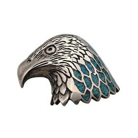 Signed Southwestern Sterling Crushed Turquoise Inlay Eagle Bolo/Pendant