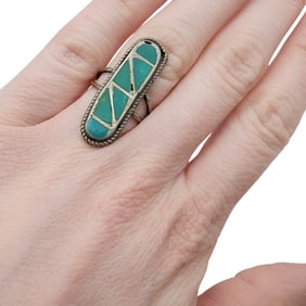 Vintage Navajo Sterling Turquoise Inlay Ring Sz 5.5