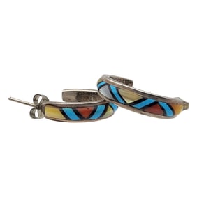 Southwestern Sterling Multistone Inlay Hoop Earrings