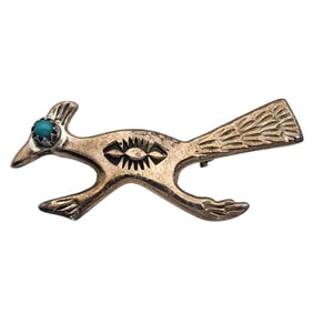 Vintage Navajo Sterling Turquoise Roadrunner Brooch