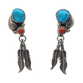 Richard Begay Navajo Sterling Turquoise Coral Feather Dangle Earrings