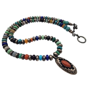 Signed Navajo Sterling Multistone Bead Necklace