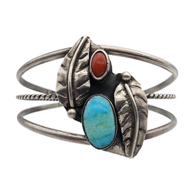 Signed Navajo Sterling Turquoise Coral Cuff Bracelet