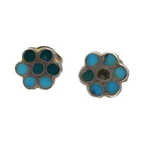 Vintage Zuni Sterling Turquoise Inlay Flower Earrings