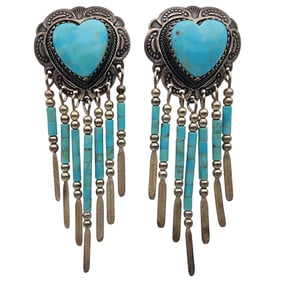 Quoc Trading Sterling Turquoise Heart Fringe Dangle Earrings