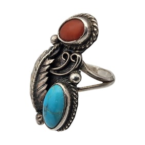 Vintage Navajo Sterling Turquoise Coral Ring Sz 5.5