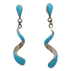 Signed Sterling Turquoise Inlay Spiral Earrings