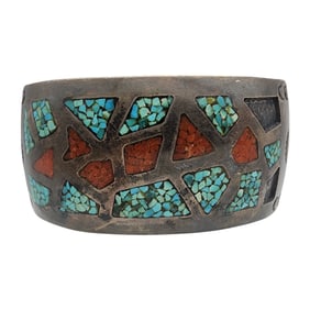 Signed Vintage Navajo Sterling Turquoise Chip Inlay Cuff Bracelet