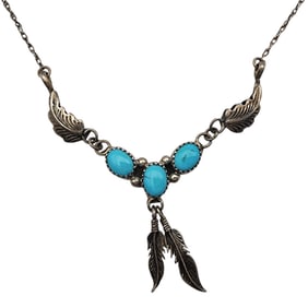 Vintage Navajo Sterling Turquoise Feather Necklace