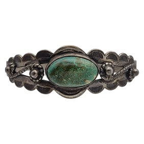 Fred Harvey Era Sterling Turquoise Stamped Cuff Bracelet