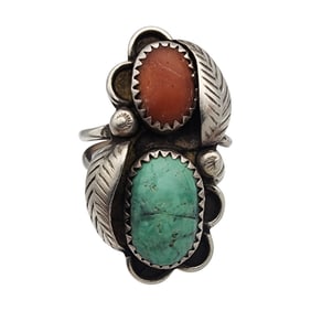 Vintage Navajo Sterling Turquoise Coral Ring Sz 7