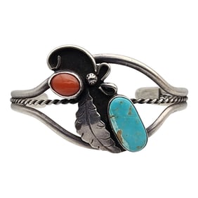 Vintage Navajo Sterling Turquoise Coral Cuff Bracelet