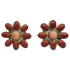 Signed M Sterling Coral Cluster Earrings
