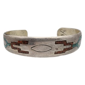 Signed B/B Navajo Sterling Turquoise Coral Chip Inlay Cuff Bracelet