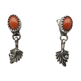 Vintage Navajo Sterling Coral Feather Dangle Earrings