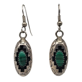 Signed Navajo Sterling Malachite Stamped Shadow Box Earrings