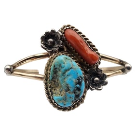 Vintage Sterling Turquoise Coral Cuff Bracelet