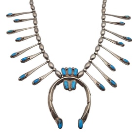 Southwestern Sterling Turquoise Squash Blossom Style Necklace