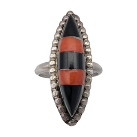 Paquin Zuni Sterling Coral Jet Inlay Ring Sz 7.5