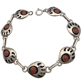 Navajo Sterling Coral Bear Paw Link Bracelet