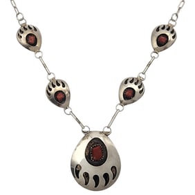 Signed Navajo Sterling Coral Bear Paw Necklace