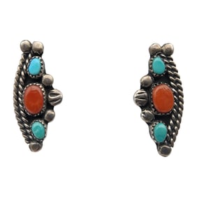 Vintage Navajo Sterling Turquoise Coral Earrings