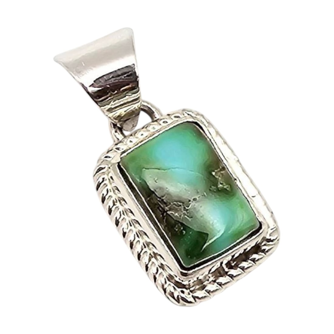 Shirley Henry Navajo Sterling Sonoran Gold Turquoise Pendant: Sterling silver pendant handcrafted by Navajo artisan Shirley Henry, featuring a rectangular Sonoran Gold turquoise stone with vibrant green and gold matrix. The pendant measures approximately 2.2 gra