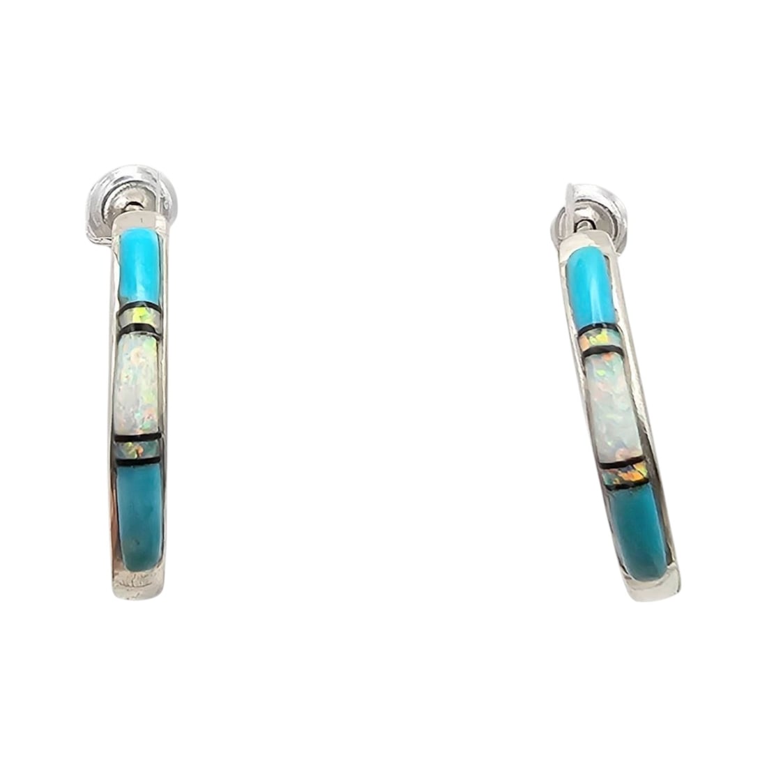 Laura Lincoln Navajo Opal Turquoise Earrings: Navajo-crafted multicolor earrings by Laura Lincoln, featuring turquoise, opal, and possibly other inlay stones set in sterling silver. Lightweight at 2.4 grams, these earrings are small-sized hoops w