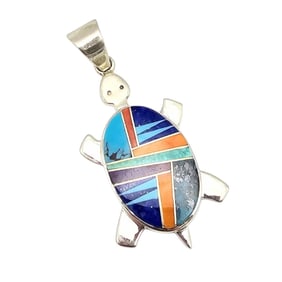 Aldora M Henry Navajo Sterling Turtle Pendant with Multi-Stone Inlay