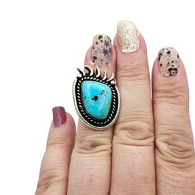 Navajo Sterling and Turquoise Bear Claw Ring, Size 4.25