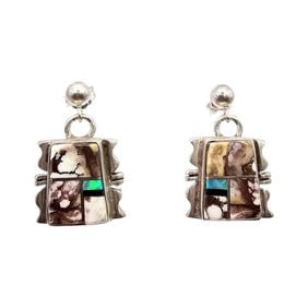 First American Traders Galuip Sterling Inlay Drop Earrings Featuring White Buffalo Turquoise and Jet
