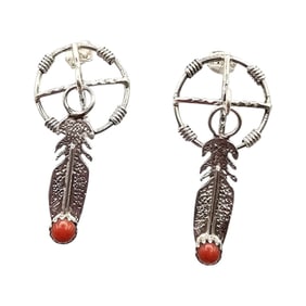 Sharon McCarthy Navajo Sterling Coral Earrings Medicine Wheel