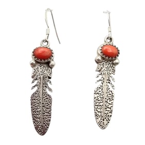 Running Bear Coral   Sterling Feather Earrings