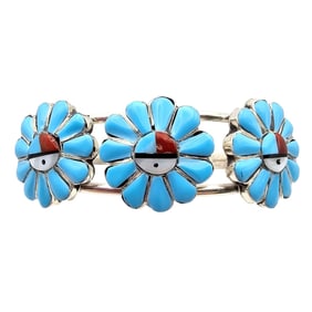 Pauline Lonjose Zuni Sterling Turquoise Coral Jet Sunface Bracelet