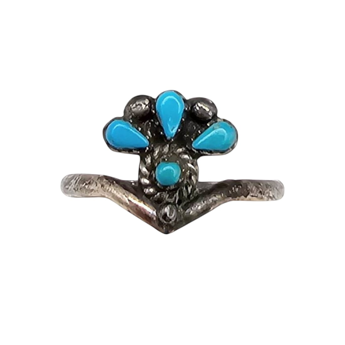 Navajo Sterling Needlepoint Turquoise Ring Size 5.5: Sterling silver Navajo ring featuring a traditional needlepoint design with turquoise stones. , the ring is a size 5.5 and weighs approximately 1.1 grams. The intricate setting showcases five turquois