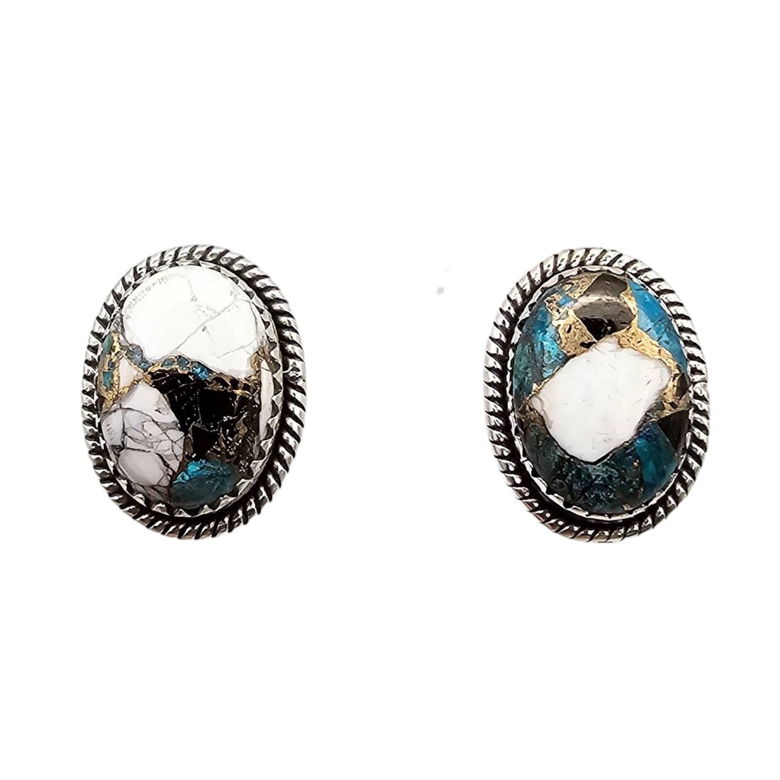 Hada Collection Sterling White Buffalo Turquoise Earrings: Stud earrings from the Hada Collection, crafted in sterling silver. Featuring white buffalo turquoise stones accented with intricate silver rope detail. Earrings are 'Sterling' and 'Hada'. Weighs 6 gr