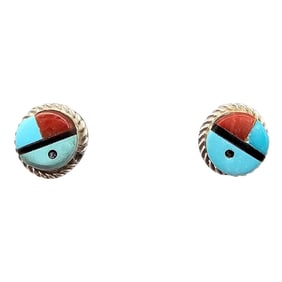 Zuni Sterling Inlay Post Earrings with Turquoise, Coral, Onyx