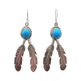Running Bear Sterling and Turquoise Double Feather Drop Earrings