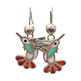 Zuni Sterling Hummingbird Drop Earrings with Mother Of Pearl, Coral, and Turquoise