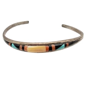 JRB Zuni Sterling Cuff Bracelet with Mother Of  Pearl, Turquoise, Coral, and Onyx Inlay