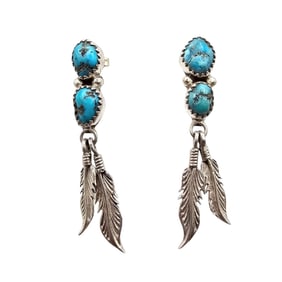 Native Sterling and Turquoise Feather Dangle Earrings, 5g