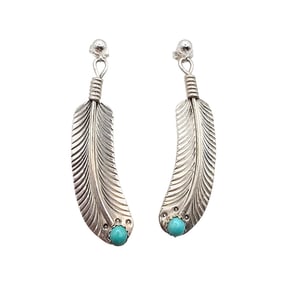 Navajo Sterling Feather Drop Earrings with Turquoise Accents