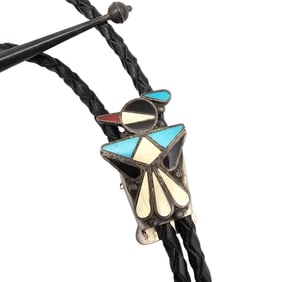 Zuni Sterling Thunderbird Bolo Tie with Turquoise, Onyx, and Mother  of  Pearl
