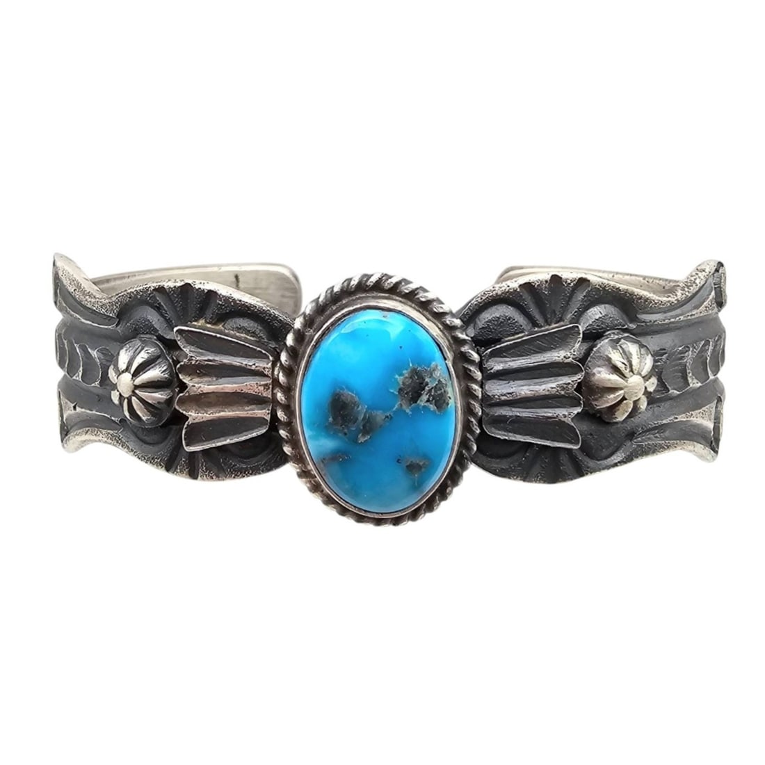 Sterling Turquoise Cuff Bracelet by Kevin Billah: Sterling silver cuff bracelet handcrafted by Kevin Billah. Features an oval turquoise cabochon centerpiece with intricate stamped and silverwork accents. Interior is 'K Billah,' 'Sterling.' Weighs 31.