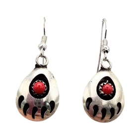Navajo Sterling Bear Paw Coral Earrings by Virginia John