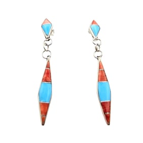 James Kee Zuni Sterling Earrings with Spiny Oyster and Turquoise Inlay