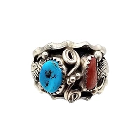 Lucy C. Sterling Native American-Style Ring with Turquoise and Coral, Size 9.5