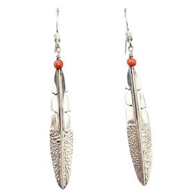 Navajo Sterling and Coral Feather Drop Earrings